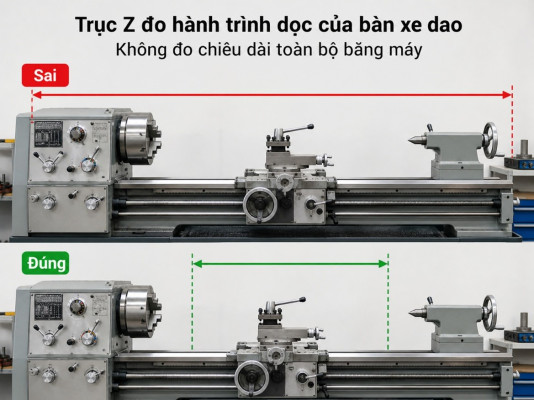 Trục Z đo Hành Trình Dọc Của Bàn Xe Dao, Không đo Toàn Bộ Chiều Dài Băng Máy